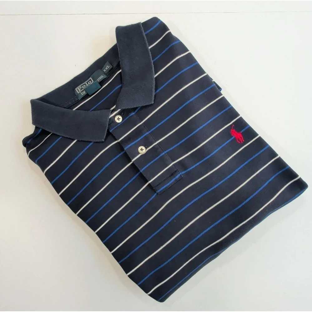 Vintage Ralph Lauren Polo Shirt Mens 2XL Navy Blue Striped Cotton Preppy XXL